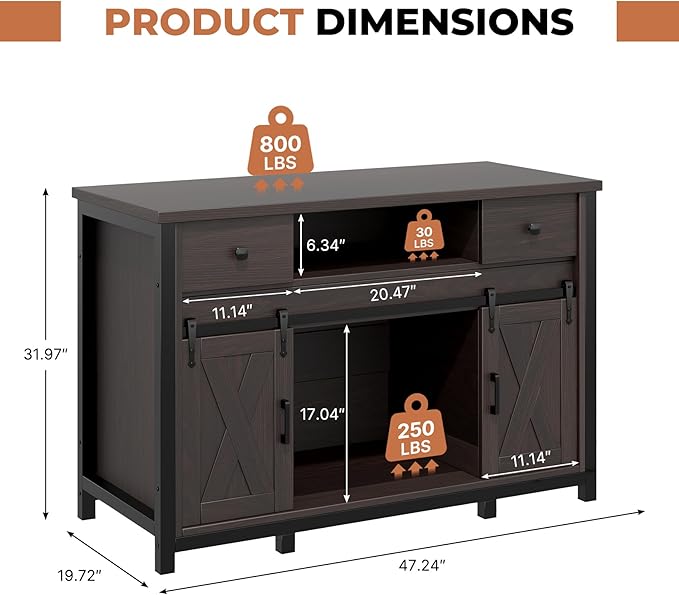 Miereirl 55-75 Gallon Fish Tank Stand with Power Outlet – Heavy Duty Aquarium Stand, Rustic Farmhouse Style, 800 lb Capacity, Adjustable Storage & Sliding Barn Doors, Dark Brown