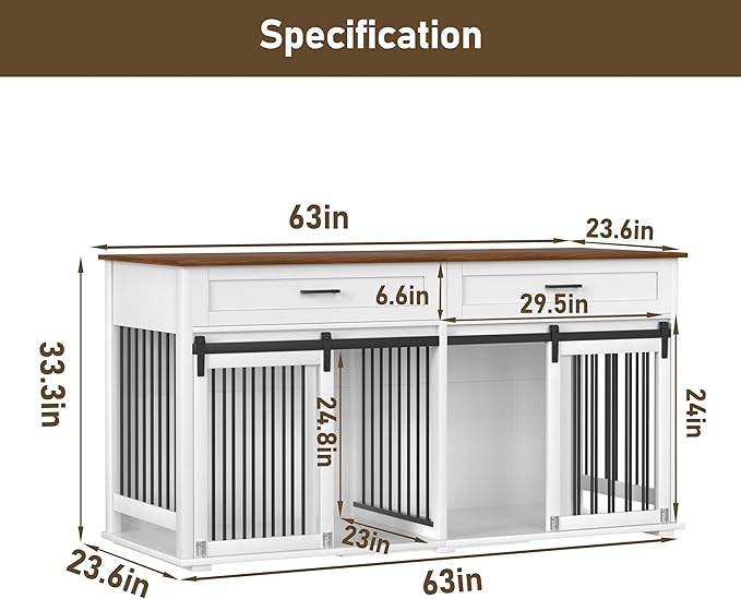 MUPATER 63" L x 23.6" W x 33.3" H Double Wooden Dog Cage Table with 2 Large Drawers & Safety Locks, Large Dog Crate Furniture for 2 Dogs with Removable Divider, Decorative Indoor Dog Kennel Furniture