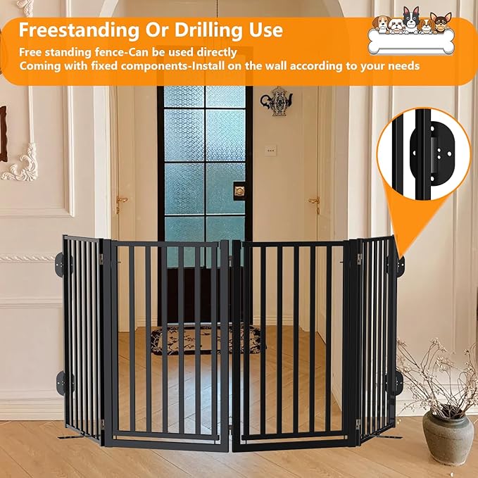 Portable Dog Fence with Door for Indoor Outdoor Use, Free Standing Dog Gate Foldable Design, Metal Black 32" Tall, Expandable 6 Panels Use for Yard, Stairs, Front