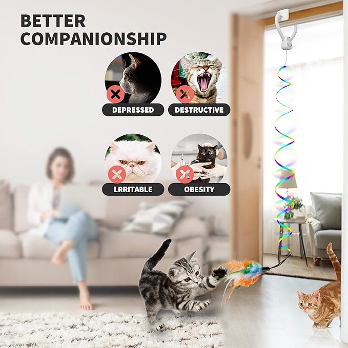 Interactive Cat Toys for Indoor Cats,Enrichment Stimulation Toys, Electric Hanging Door Clip Ribbon Kitty Toy,Automatic Play Chase Exercise Feather Toys for Bored Indoor Adult & Kitten Cats（White）