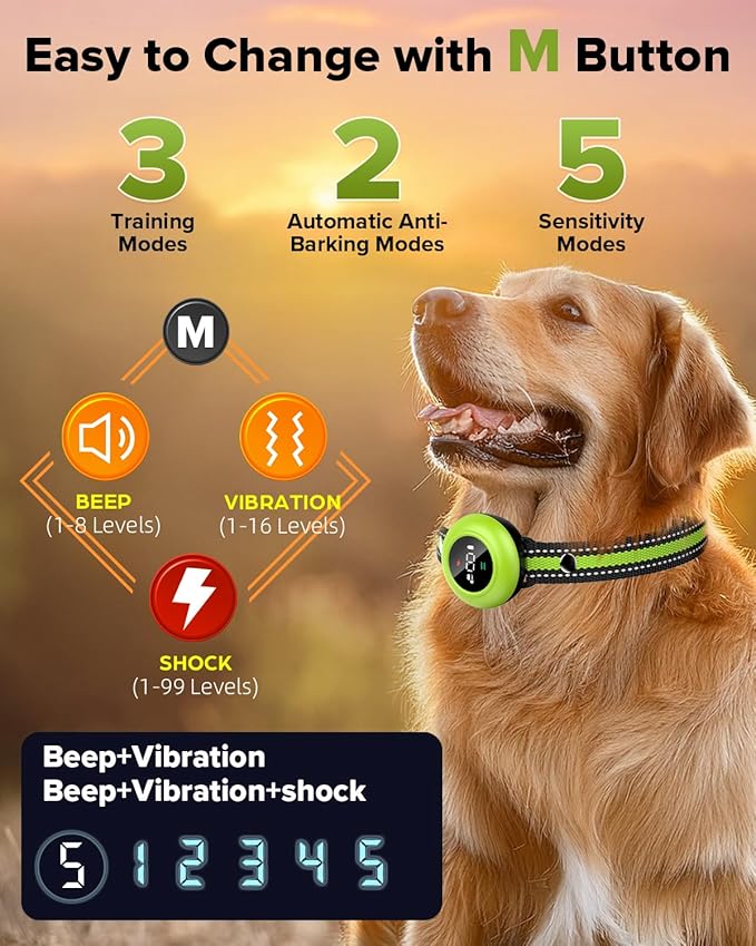 XDX 2-in-1 Dog Shock Collar & Bark Collar – 3300FT Dog Training Collar with Remote, Automatic Anti-Barking, 5 Adjustable Sensitivity Levels, IP67 Waterproof E-Collar for Small Medium Large Dogs
