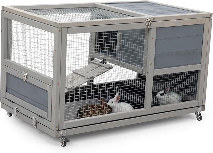 COZIWOW Wooden 36Inches Rabbit Hutch Outdoor with Wheels Bunny Cage Indoor Rabbit Cage with Clean Tray, Openable Roof, Anti-Slip Ramp for Small Bunny (Grey with Pattern)