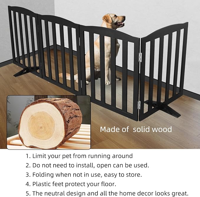ZJSF Foldable Freestanding Indoor Dog Gate for House Wood Long Pet Gates Dog Fence for Stairs Puppy Gates for Hallways, Puppy Gate,Support Feet Included, Black, 32 "Height-4 Panels