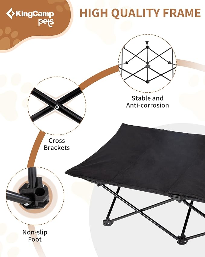 KingCamp Elevated Dog Bed for Large Dogs, Outdoor Raised Cooling Pet Cot Bed with Washable Breathable Mesh & No-Slip Feet Perfect for Camping, Backyard, Indoor Use (L, Black)