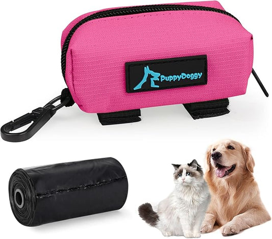 PuppyDoggy 1 Pack Poop Bag Holder for Dogs & Cats Waste Bag Dispenser Pouch with 1 Roll of Free Poop Bags - Dog Leash Accessory & Bicycle (Pink)