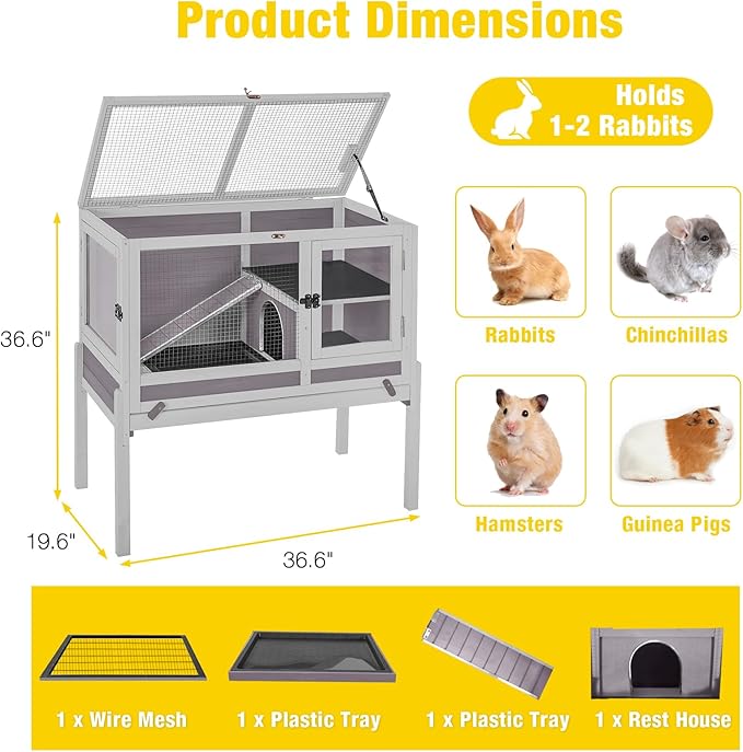 Aivituvin 2-Story Rabbit Hutch with Anti-Chew Ramp & Zinc Sheet - 36.6" Indoor Guinea Pig Cage, Wooden Stand, Pull-Out Tray & Leakproof Floor (Grey)