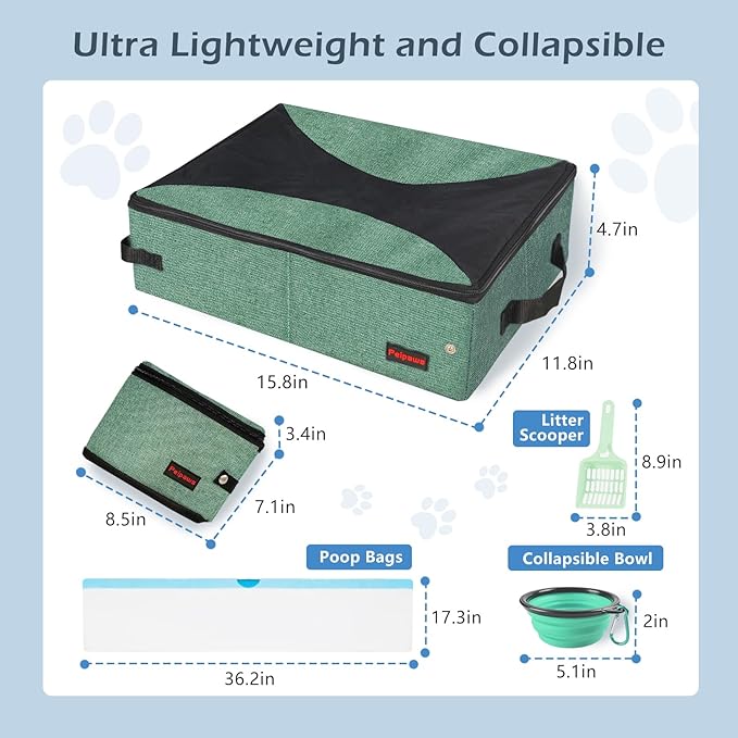 Portable Cat Travel Litter Box. Zipped Lid, Collapsible Litter Box for Cats. No Leakage, No Smell. Easy to Carry. Used for Hotels, Camping, Car (Green, M)