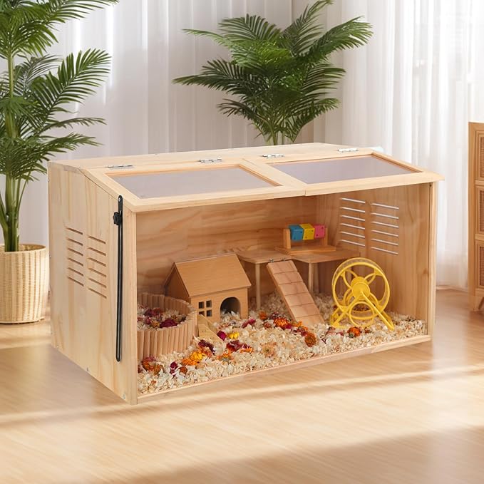 Wooden Hamster Cage,48" Lx20 Wx20 H，Animal Cabinet for Dwarf Syrian Hamsters Degus, Hamster Habitat with Openable Top and Large Acrylic Sheets.