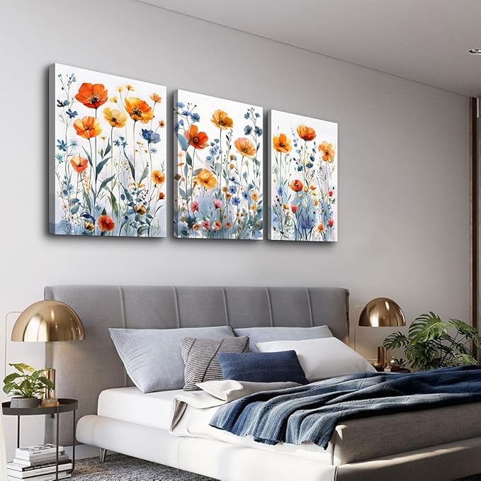TTHYUEWS Boho Wall Art for Living Room Canvas Wall Decor for Bedroom Modern Wall Decorations For Dining Room Family Wall Pictures Artwork Flowers Watercolour Paintings Posters Home Decor 3 Piece