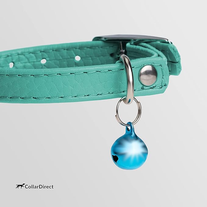 CollarDirect Leather Cat Collar, Cat Safety Collar with Elastic Strap, Kitten Collar with Bell Black Blue Red Orange Lime Green (8-11 Inch, Mint Green)