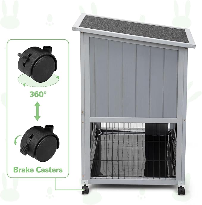 Rabbit Hutch Indoor Outdoor Bunny Cage 39" L Large 2-Story Wooden Small Animal House Enclosure with Wheels, 2 Removable Trays, Waterproof Openable Roof, Grey