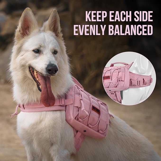 ONETIGRIS Dog Backpack for Medium & Large Dogs, Mammoth Nylon Dog Pack Tactical Backpack Harness with Side Pockets for Hiking Walking Training Running (Pink, Large)