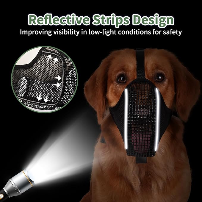 Mayerzon Dog Muzzle, Patented Mesh Muzzle with Panting Room for Large Medium Small Sized Dogs, Soft Mouth Guard to Prevent Biting Eating for Grooming Vet Visit Walking, Reflective and Full Covered