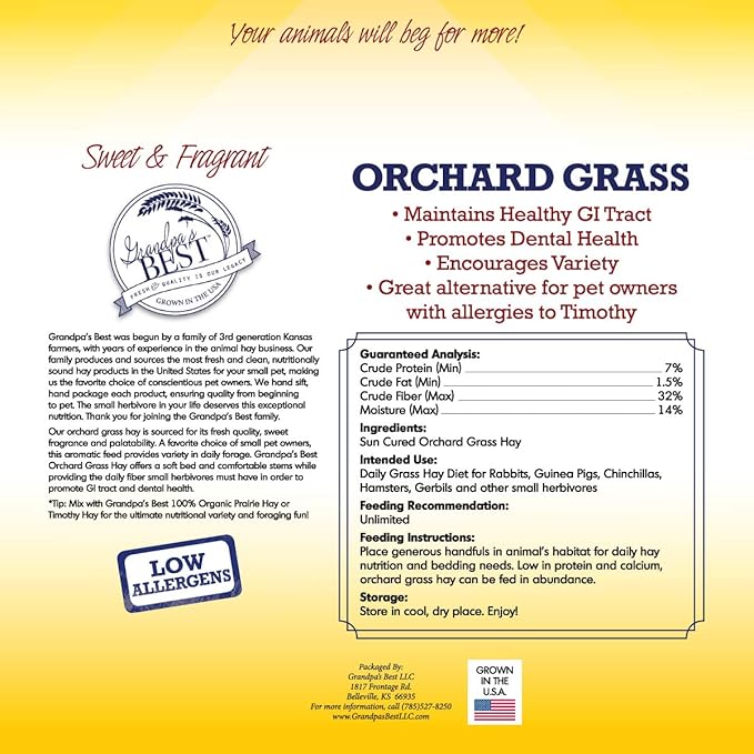 Grandpa's Best Orchard Grass Bale for Rabbits, Guinea Pigs, Chinchillas, Hamsters & Gerbils, 10 Lbs (Packaging may vary)
