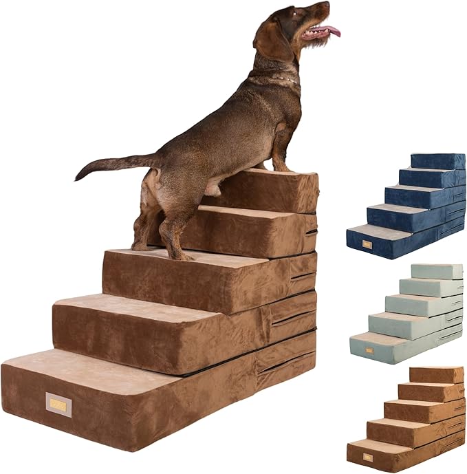All-in-One Adjustable Dog Stairs – 5-Step Premium Pet Ramp for Small to Large Dogs – Sturdy, Non-Slip & Versatile for Beds, Sofas & More - Soft Cover, Modern Design (Brown)
