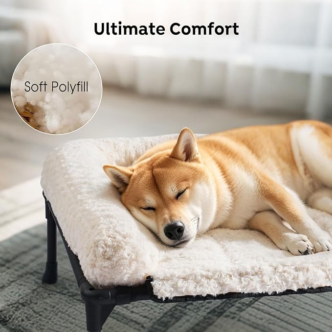 Veehoo Cooling Elevated Dog Bed Add Removable Deluxe Rose Plush Bolster Cushion Mat, 59" x 37" Washable Dog Couch Bed, Raised Pet Cot with Breathable Teslin Mesh, No-Slip Feet, White, CWC2439B