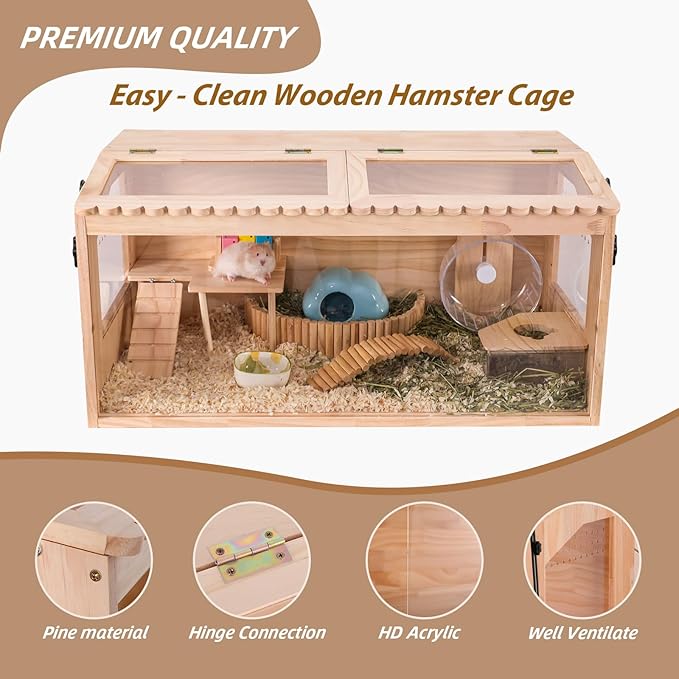 Wooden Hamster Cages and Habitats, 40"x20"x20" Guinea Pig Cage, Small Animal Cage for Dwarf Syrian Hamsters Degus Mice & Other Small Pets. Big Hamster Habitat with 2 Adjustable skylights.