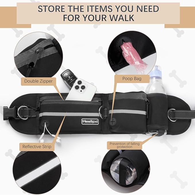 Hands-Free Dog Leash With Pouch, Waist Attachment for Walking Two Dogs, Reflective Stitching, Dual Handle, Bungee Retractable Running for Medium to Large Dogs Black