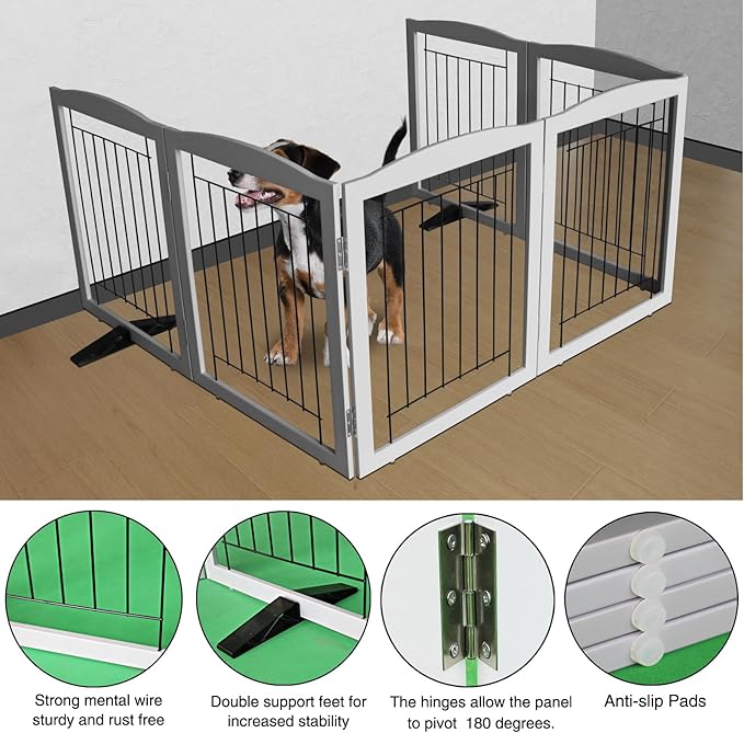 ZJSF Freestanding Dog Fence Indoor, Foldable Dog Gate for Doorways, Stairs or Hallways, Sturdy Wood Extra Wide Pet Gate with Support Feet for The House, Grey, 32 "Height-6 Panels