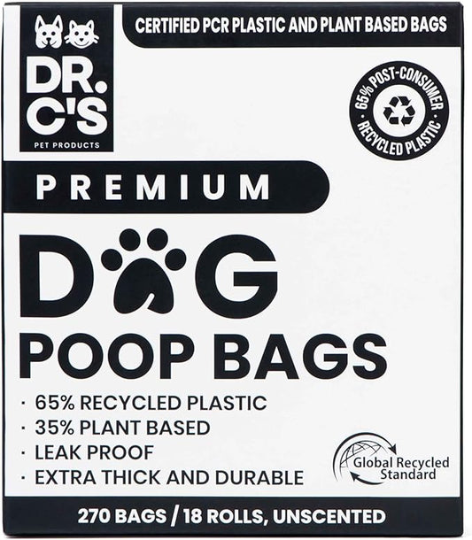 Certified 65% PCR (Post Consumer Recycled) Plastic and 35% Plant Based Dog Poop Bags - Dr. C's Premium Dog Poop Bags - 270 Bags / 18 Rolls, Extra thick, Leak Proof, Unscented, Earth Friendly