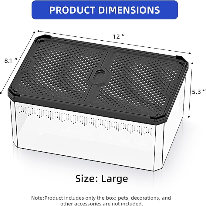 High-Transparency Reptile & Insect Enclosure Terrarium with Magnetic Door, Excellent Ventilation, Easy Cleaning, and Strong, Long-Lasting Build for Gecko, Tarantula, Hermit Crab (12x8.1x5.3 Inch)