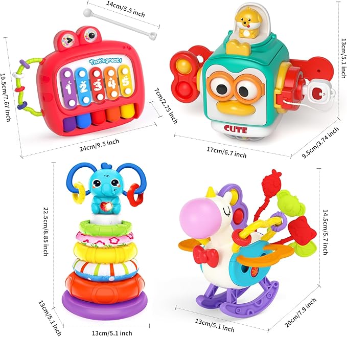4 in 1 Baby Toy for 6 9 12 18 Month, Learning Toys for Babies 6-12 Months, Baby Busy Cube, Stacking Sorter, Pull String & Piano Xylophone Travel Toy, Birthday Gift for 1 2 Year Old