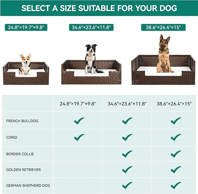 YITAHOME Rattan Dog Sofa Bed with Cushion,Wicker Pet Bed Sofa Couch Indoor Outdoor Waterproof for Large Medium Small Dogs Cats (38.6''L*26.4''W*15''H,Beige)