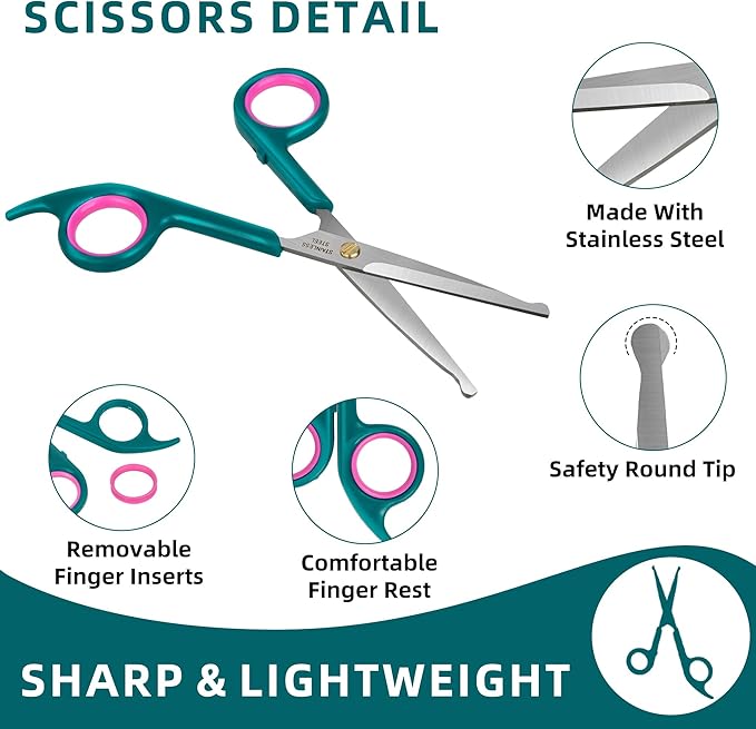 Pet Grooming Scissors Kit, Dog Grooming Shears with Stainless Steel Rounded Tip Blades for Safe Fur Trimming for Dog, Cat, Includes Pet Comb (Set of 3)