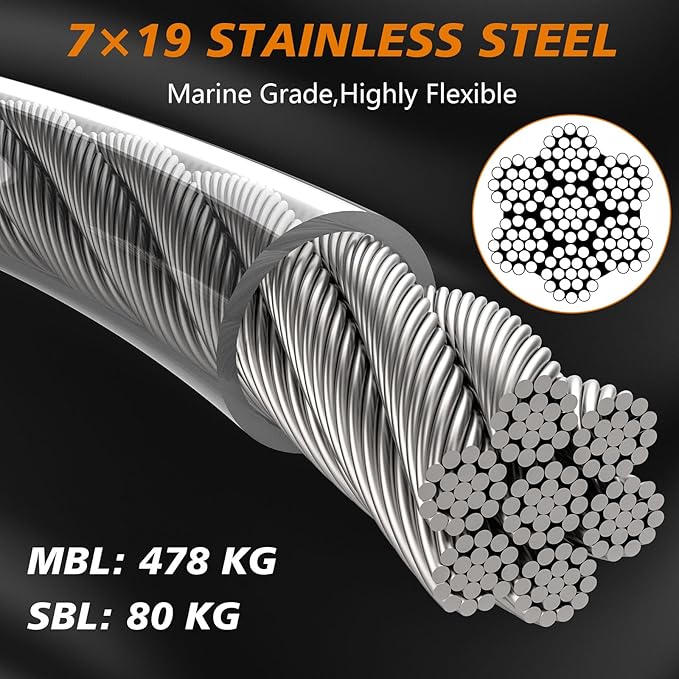 XiaZ Dog Tie Out Cable 50ft, Outdoor Runner Lead Chain Tether for Small Medium Large Dogs, 5mm Diameter Cable,11000 lbs Break Strength, Reflective Silver