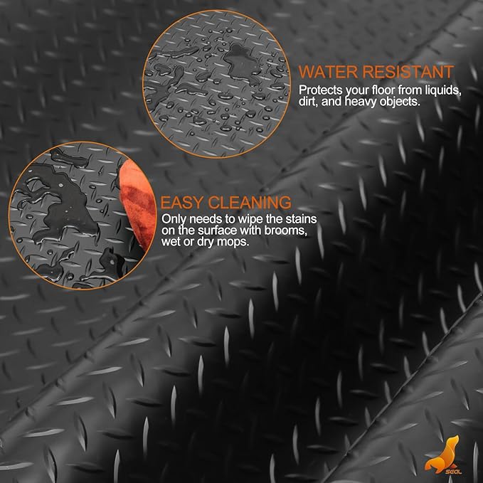 SEAL 5 x 10 Ft Premium Garage Floor Mat, Solid 2.8mm Thickened Black Commercial Grade Heavy Duty Parking Mat for Garage Floor, Golf Cart, Water/Stain Resistant Floor Runner (Embossed Diamond Plate)