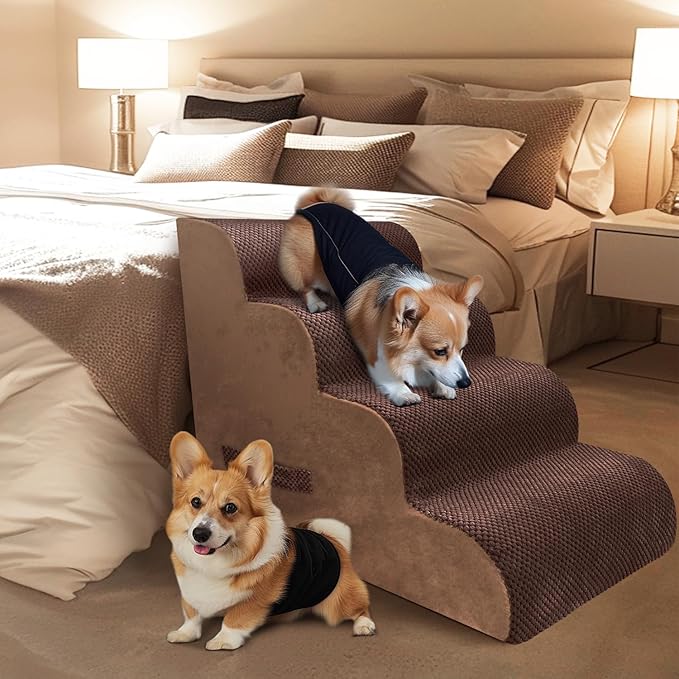PAWSCART Dog Stairs for Small Dogs and Cats, 4-Step Dog Steps for Bed, 19.6" H Pet Stairs for High Bed, Pet Ramp for Couch, Sofa, Non-Slip Surface Removable Washable Cover, Brown