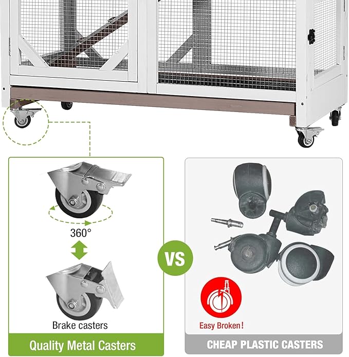 Rabbit Hutch Outdoor Indoor,Two Story Wooden Bunny Cage with Casters,Guinea Pig Cage for Small to Medium Animals with Waterproof Roof and Leakproof Tray