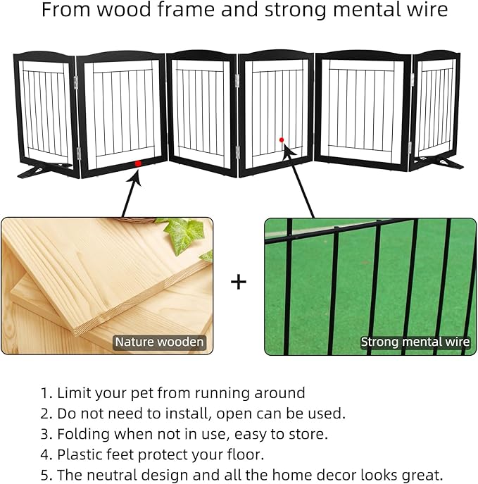 ZJSF Freestanding Dog Fence Indoor, Foldable Dog Gate for Doorways, Stairs or Hallways, Sturdy Wood Extra Wide Pet Gate with Support Feet for The House, Black, 24 "Height-6 Panels