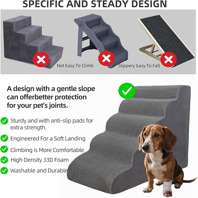 5 Step Pet Stairs Ramp for High Beds Sofas 5-30 Inch with Sturdy Non Slip Waterproof Pads, Machine Washable Cover Indoor Balanced Design for Cats Dogs Small Medium Large XL Pets Grey (Pink, Large, 1)