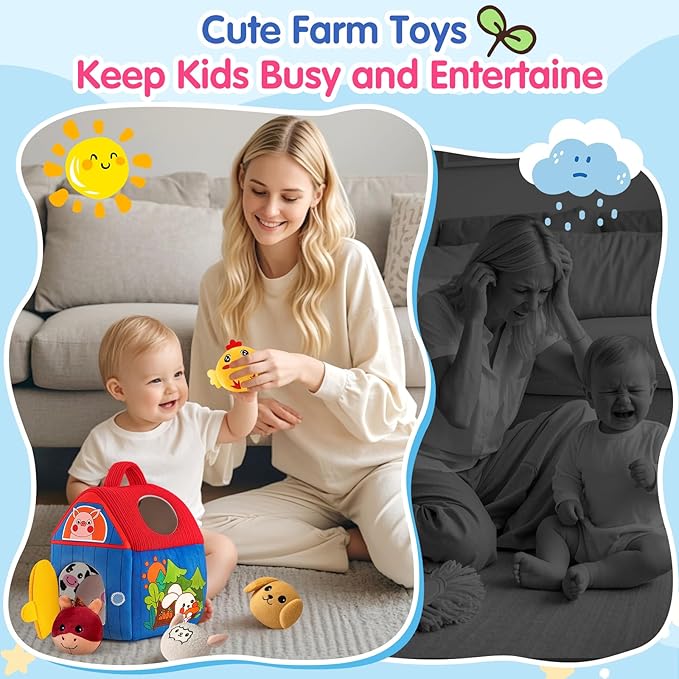 Baby Toys 6-12 Months, Barn with Stuffed Farm Animals, Montessori Toy for Babies, Sensory Toys for Toddlers 1-3, Portable Baby Farmhouse Toy, Birthday Gift for Infants & Toddlers
