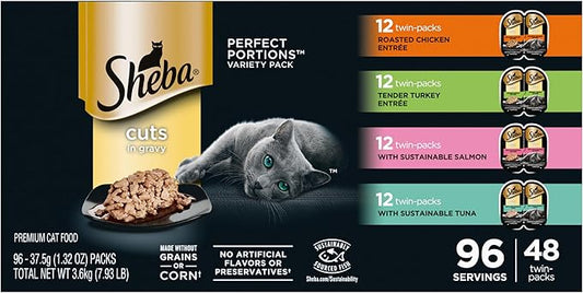 Sheba Perfect Portions Wet Cat Food Cuts in Gravy Variety Pack, Roasted Chicken, Tender Turkey, with Sustainable Salmon, and with Sustainable Tuna, 2.6 oz. Twin-Pack Trays (48 Count, 96 Servings)