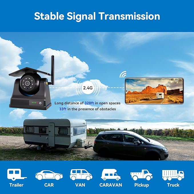 Magnetic Solar Wireless Backup Camera, 10000mAh Rechargeable Battery Powered Reversing Camera, 1-Min Easy Installation, App Control WiFi Backup Camera, for Trailer, RV, Truck, SUV, Van