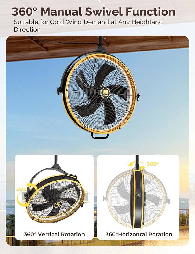 Orison 24.8'' Outdoor/Indoor Garage Ceiling Fan, 6 Speed Ceiling Mounted Plug-In Cord Garage Fan with Remote&APP, Manual Vertical Rotation, Hook hanging for Gazebo, Patio, Yellow&Black