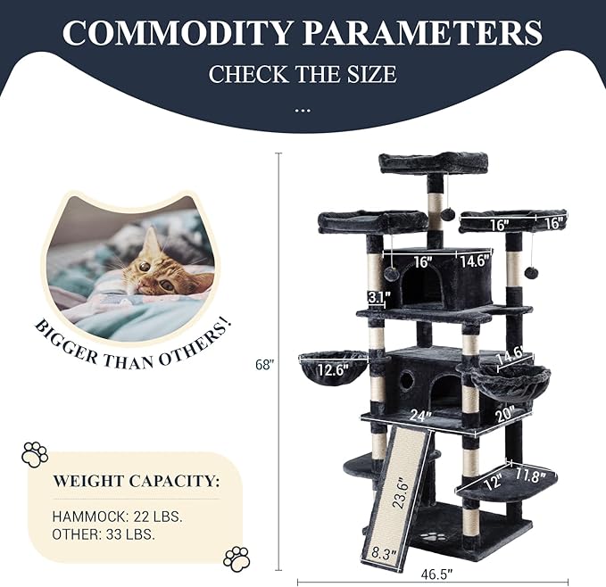 Allewie 68 Inches Cat Tree/House and Towers for Big Feline/Scratching Post/Multi-Level Large Kitty Climbing Tree with Condo/Smokey Grey