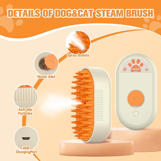 Steam Brush for Cats Dogs,Cat Steam Brushes for indoor Cats,3 in 1 Steam Cat Brush for Shedding,Silicone Pet Spray Hair Removal Comb for Massage,Combing,Rechargeable Dog Brushes for GroomingYellow
