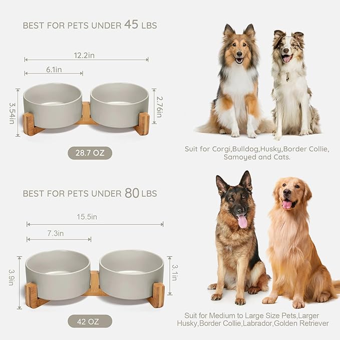 SPUNKYJUNKY Ceramic Dog and Cat Bowl Set with Wooden Stand, Modern Cute Weighted Food Water Bowl Set for Medium to Large Size Dogs (42 OZ, 2 × Grey)