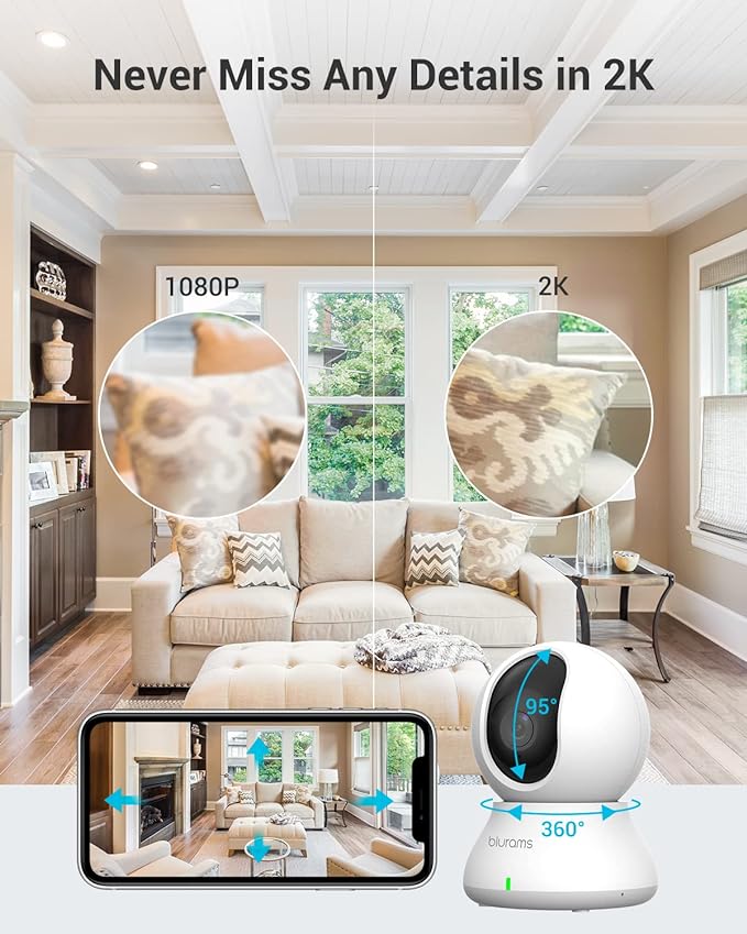 blurams Cameras for Home Security, 2K Pet Camera with Phone App, 360° PTZ Indoor Cameras, 2-Way Talk, Motion Tracking, Color/IR Night Vision, Cloud&SD, Works with Alexa (2Pack, 5GHz/2.4GHz Dual-Band)