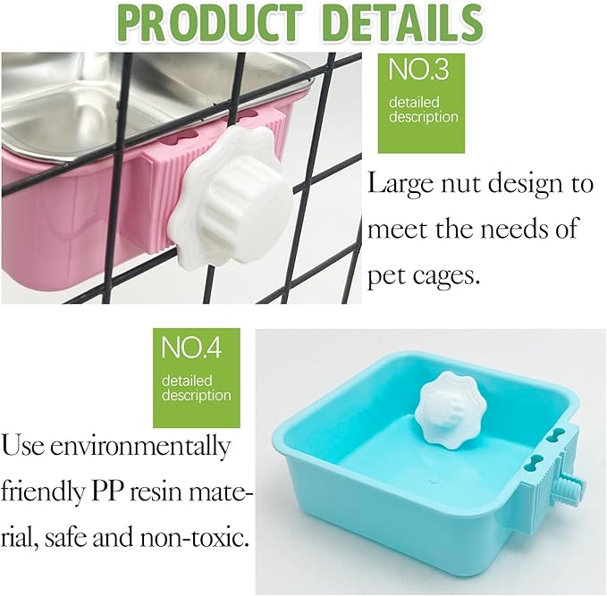 kathson Crate Dog Bowl, Removable Stainless Steel Hanging Pet Kennel Cage Bowl Food & Water Feeder Coop Cup for Puppy, Cat, Rabbit,Guinea Pigs 2pcs Large Square(Blue,Pink)