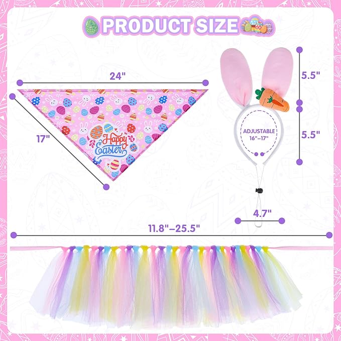 SCENEREAL Easter Dog Bandana Outfit with Cute Bunny Ears Headband and Tutu Dress, Puppy Holiday Costume Accessory, Pink Eggs Rabbit Prints Scarf Pet Birthday Party Supplies for Small Medium Dogs Cats