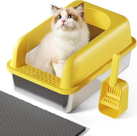Stainless Steel Cat Litter Box with Lid, 24" L x 16" W x 11.8" H, Large Cat Litter Box for Multiple Cats with High Sided, No-Leak & Stick, Easy to Clean, Includes Litter Mat & Multi Functional Scoop