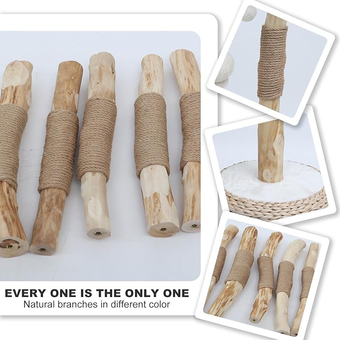 Modern Cat Tree Tower for Indoor Cats, Real Branch Luxury Cat Condo with Scratching Post, Jumping Platforms, Hanging Toy Ball for Multi-Cat Households