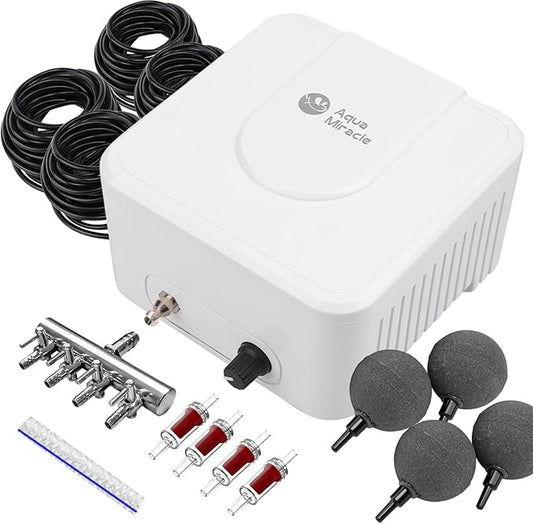 AquaMiracle All-in-One Koi Pond Aerator for Outdoor Ponds up to 3000 Gallons, Pond Air Pump Pond Aeration System with 4-Outlet Manifold Airline Tubing Air Stones Check Valves