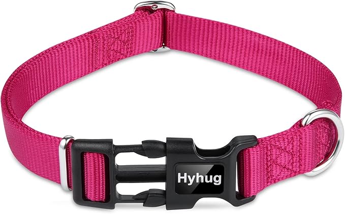 Hyhug Pets Solid Color Classic Regular Heavy Duty Basic Collar for Medium Dogs, Unique Design Adjustment Triglide Slide (Buckle) Can Attached Name Tag Accessories. (Medium, Rose Red)