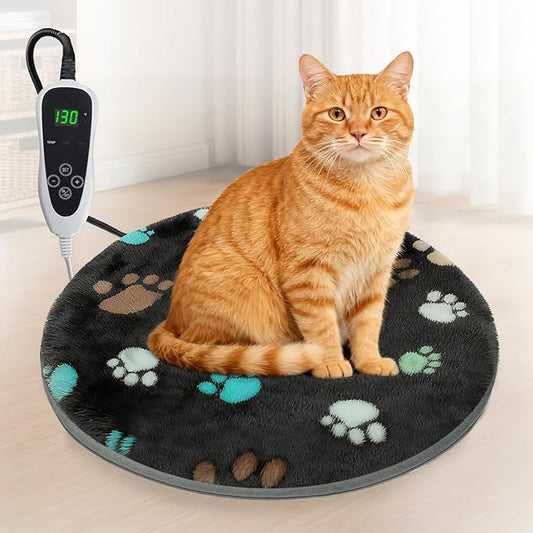 Cat Heating Pad Round 16in,Waterproof Outer Skin and Smart Thermostat Switch, Adjustable Heated Cat Bed, Adding Wire Rope Wires Small Dog Warming Pad