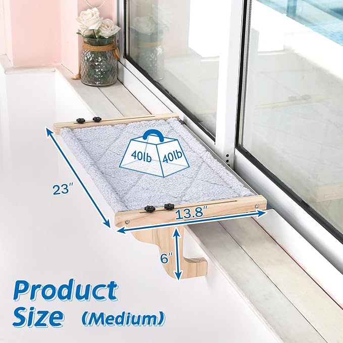 Easy Seat Cat Perch for Window Sill - Hammock Design w/Pine Wood & Robust Metal Frame - Cat Window Seat for Large Cats and Kittens (Natural Color Wood w/Gray Bed, Medium (23''W x 14''D))